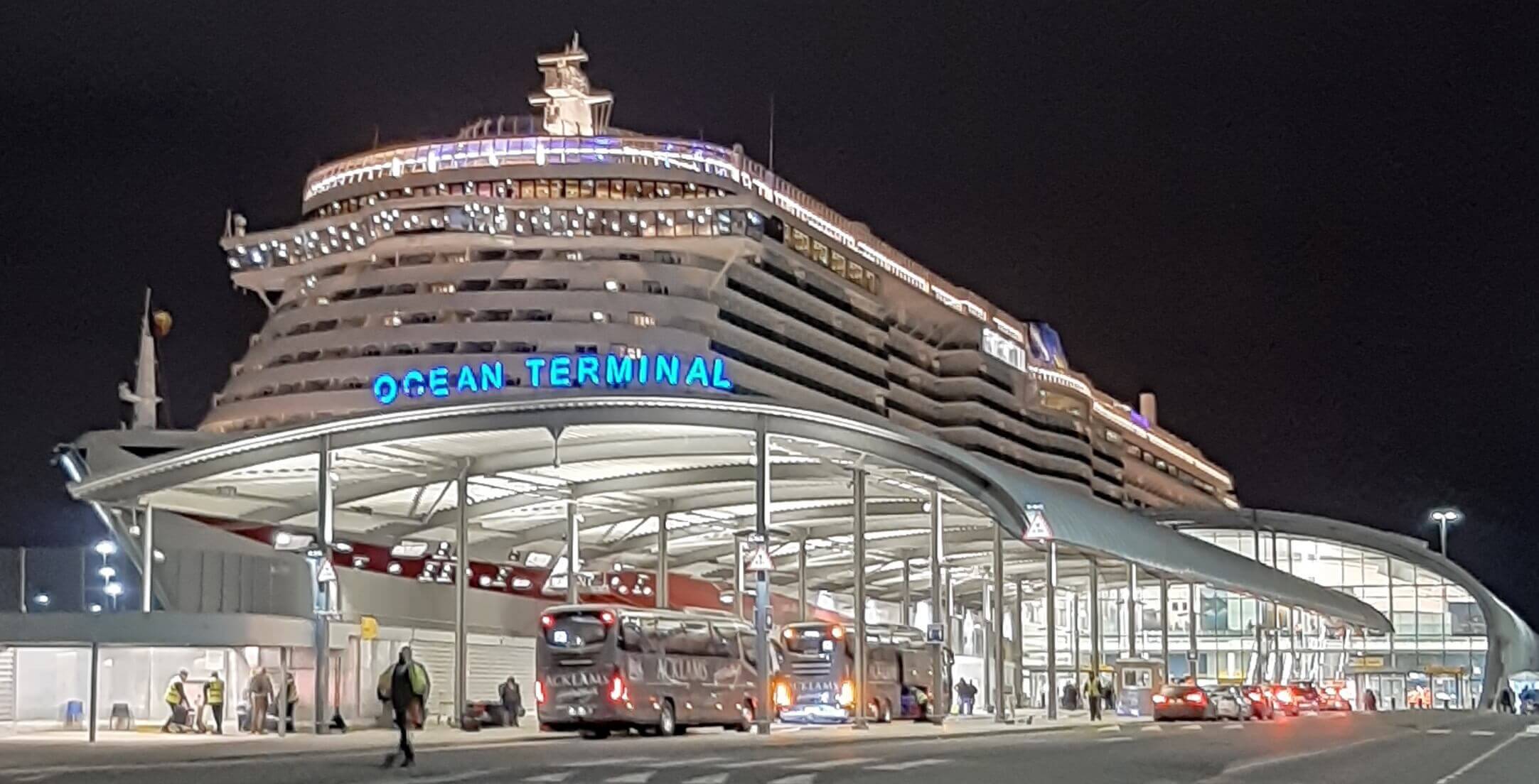 Ocean terminal, Southampton Port, at night